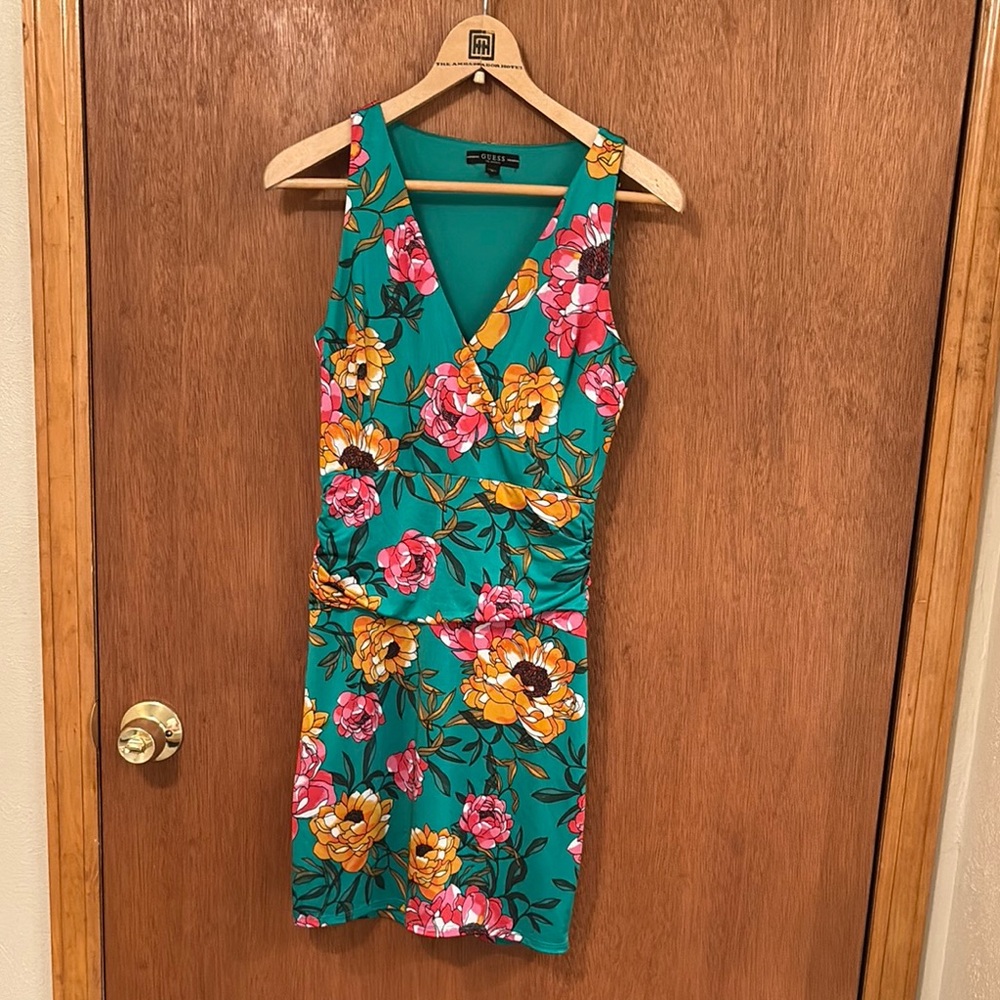 Guess Green / Blue Floral Ruched Wrap Mini Sundress